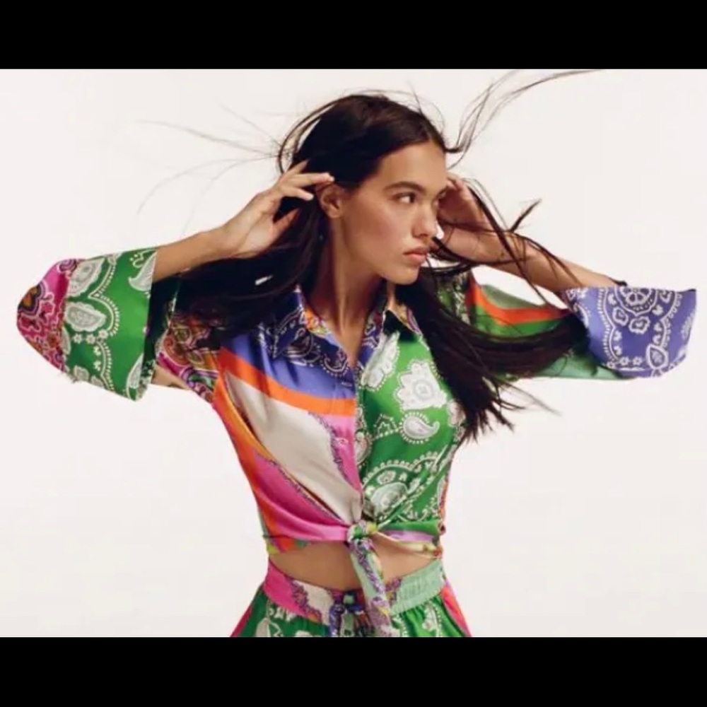 Zara Multicolor Paisley Tie-Front Blouse